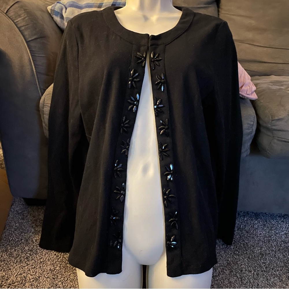 Black Cardigan with Floral Accents in Petite Large from Rafaella